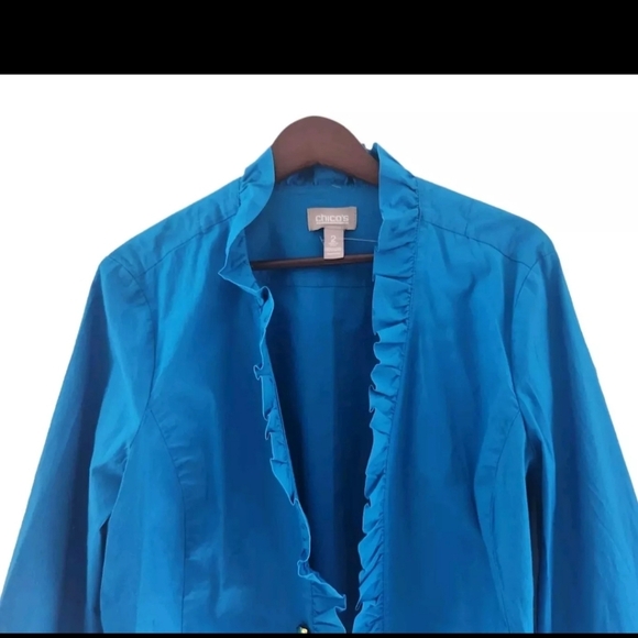 COPY - Chicos Blue Ruffled Open Cardigan 3/4 Sleeves Cotton Women Size 2 Large - Picture 2 of 6
